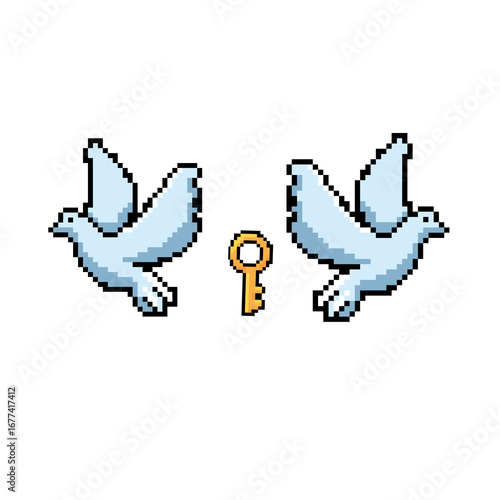 Pixel Art Pigeons with Key, Representing Freedom and Open Doors