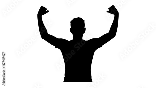 Silhouette of Triumph: A strong silhouette of a person with arms raised, signifying strength, ambition, and unyielding victory against an unidentified backdrop. 