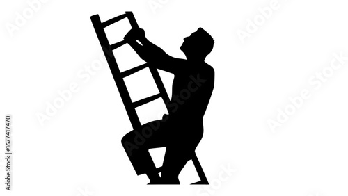 Reaching for the Top: A silhouette of a person scaling a wooden ladder, climbing towards an unseen goal, symbolizes ambition, progress, and the pursuit of new heights.