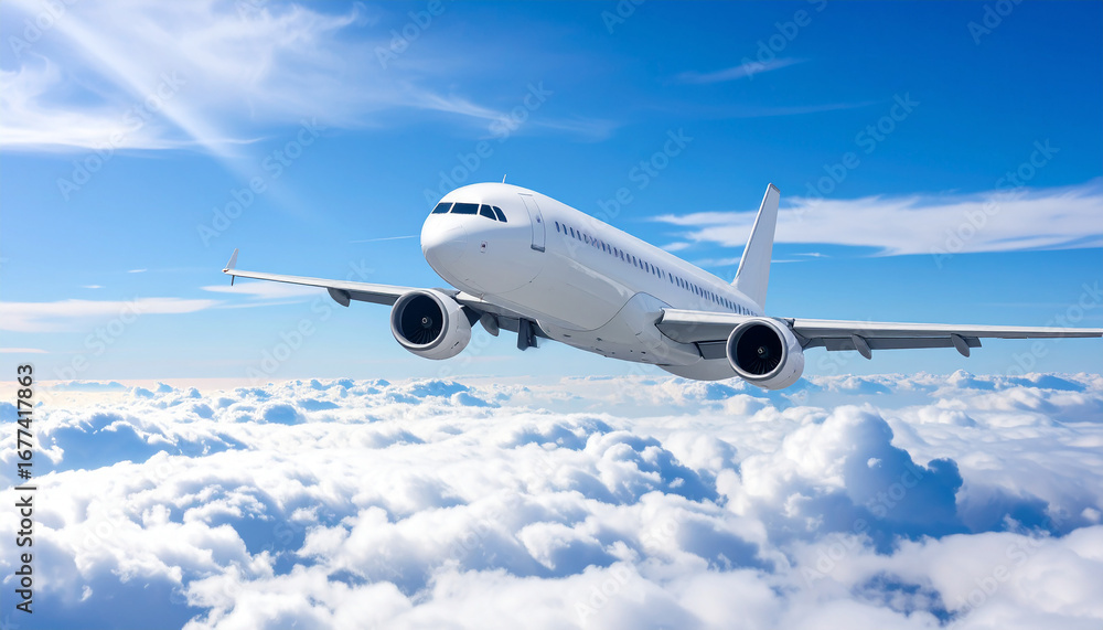 Fototapeta premium White passenger jet airplane flying high above the clouds during a sunny day