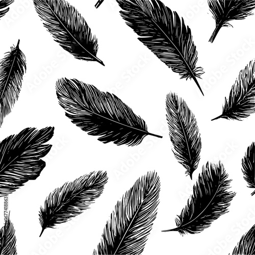 Seamless feather pattern background black and white vector illustration for designs and prints