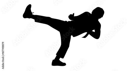 Silhouette of a Martial Artist: Dynamic silhouette of a martial artist executing a powerful kick. A study in shadow and movement that captures the essence of combat and the discipline of the art