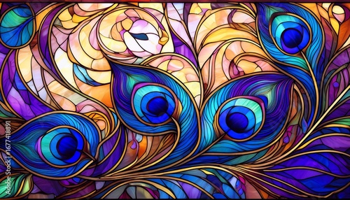 Wallpaper Mural an art nouveau stained glass pattern with intricate vines and peacock feathers colored in jewel tones of sapphire and amethyst backlit by warm golden light to emphasize translucent textures Torontodigital.ca
