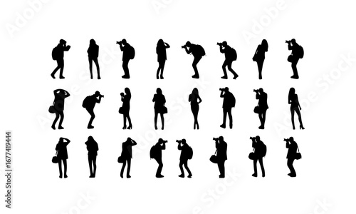 Collection of photographer diverse full-body silhouettes of individuals in various poses, some holding cameras and bags, isolated on a white background