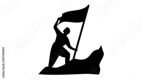 Triumph and Determination: A silhouette of a figure proudly plants a flag atop a mountain peak, a powerful visual representation of achievement, perseverance, and the relentless pursuit of goals.