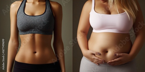 Visual Representation Comparing a Fit, Athletic Womans Toned Abdomen with an Overweight Womans Belly, Highlighting Body Image and Health Concepts