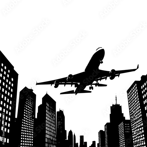 Airplane flies over city skyline silhouette
