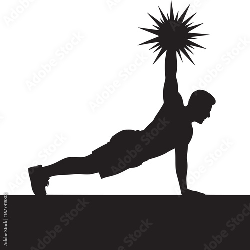 Silhouette of a man doing a plank exercise while holding a star like object in one hand overhead