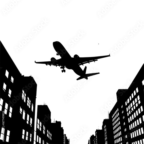Airplane flies over city buildings silhouette