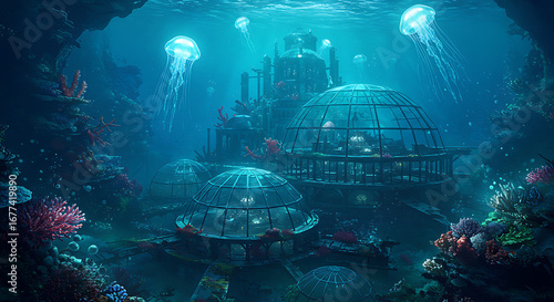 underwater domed city background, sci-fi marine habitat wallpaper, futuristic ocean backdrop
