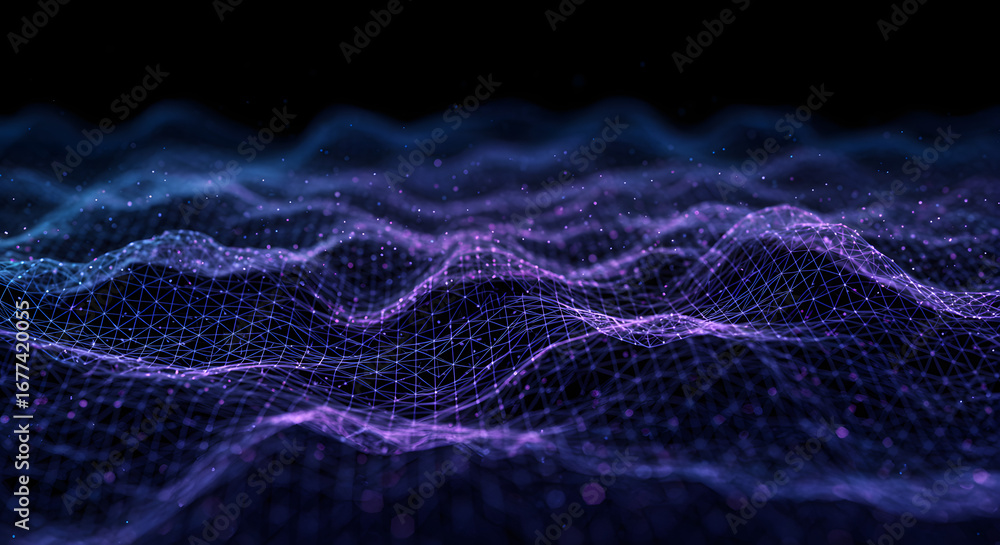Naklejka premium Abstract Futuristic Wave, Digital Data Network Mesh Background in Purple Light