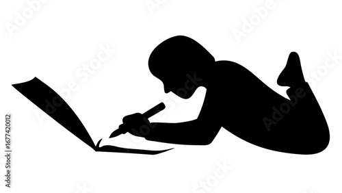 Silhouette of a Young Author: A child's silhouette lies on the floor, engrossed in writing in a notebook, symbolizing imagination, storytelling and education.