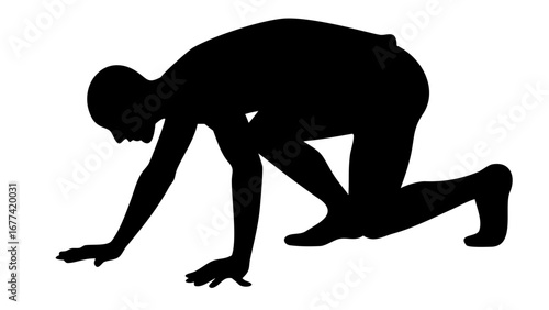 Silhouette of a Crawling Person: A stark, high-contrast silhouette depicts a person on hands and knees, ready to crawl or crawl in an impactful monochrome scene.