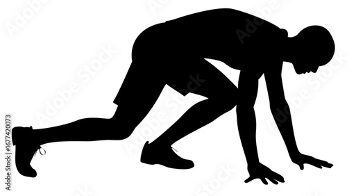 Runner at the Starting Line: A silhouetted figure of a runner poised at the starting line, muscles taut and ready to explode with energy and athleticism.