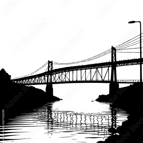 Iconic suspension bridge spans water with reflection