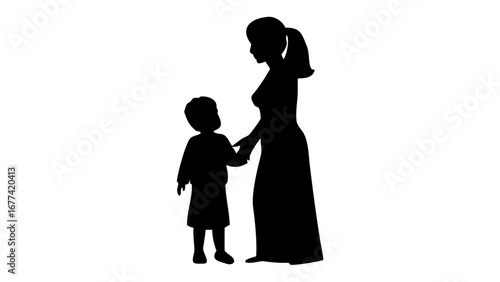Mom and Son silhouette: A loving mother tenderly guides her young son through life's journey, their silhouettes a timeless testament to the unbreakable bond of family. The simplistic.