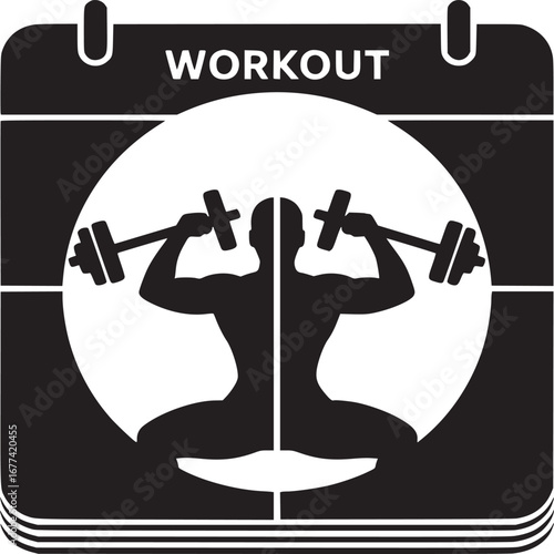 Black and white workout calendar icon with silhouette of person lifting weights inside circle shape