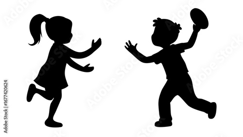Playtime silhouette: A playful silhouette of two children enjoying a game of catch, set against an unobtrusive background, embodying pure fun and childhood joy.
