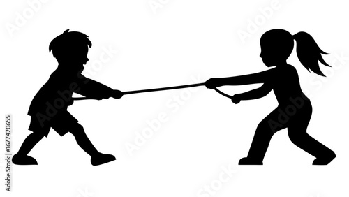 Tug-of-War Silhouette: Silhouette of two kids in playful competition, engaging in a spirited tug-of-war, embodying the essence of fun, determination and friendship.