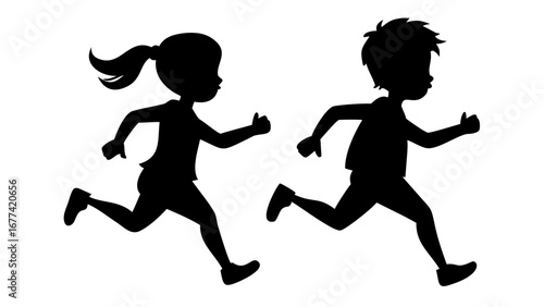 Running children: Dynamic silhouette of a boy and girl racing, embodying the joy of movement and athletic spirit. Capturing the essence of childhood vitality and energetic play.