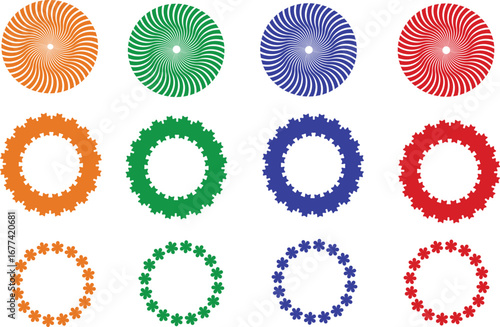 Multicolored glowing circular ornamental ring collection on black background, abstract decorative mandala style round elements for modern, artistic, and festive design.
