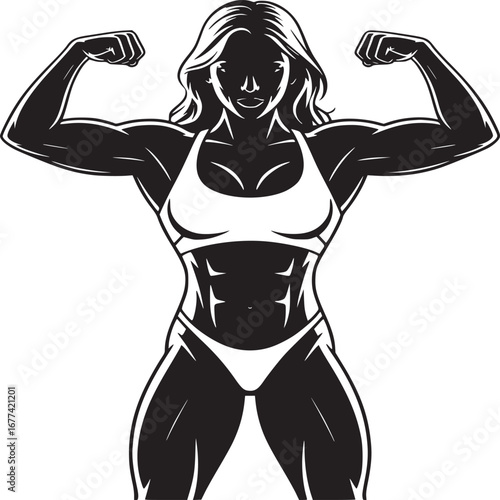 Illustration of a muscular woman flexing her biceps in a white sports bra and matching bottoms