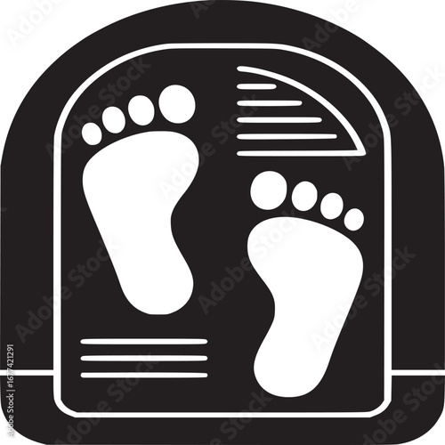 A black and white image of a foot measurement device with footprints and measurement indicators on it