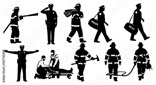 Silhouettes of first responders in various poses and roles on a white background, including firefighters, police officers, and paramedics