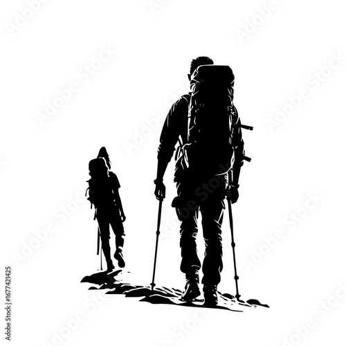 Hikers ascend trail with backpacks and poles