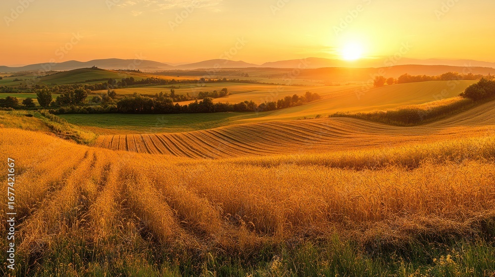 Obraz premium Golden Fields at Sunset: Witness the breathtaking panorama of a vast golden wheat field under a radiant sunset sky. Capture the warmth of the sun over gently rolling hills, creating a peaceful.