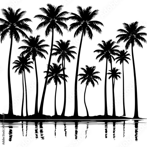 Palm trees reflect on calm water tropical paradise
