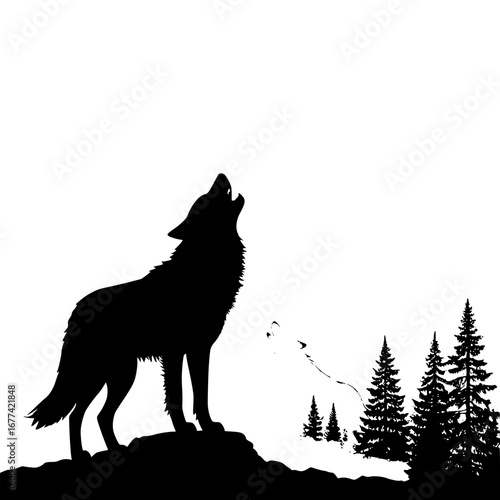 Wolf howling at moon on rocky hill with trees