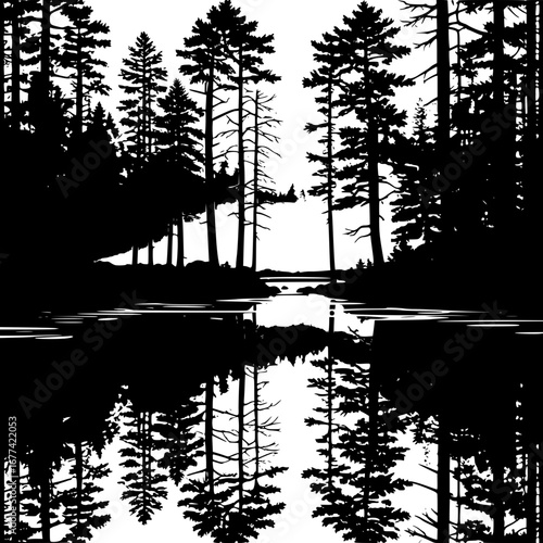 Serene forest reflection on calm water