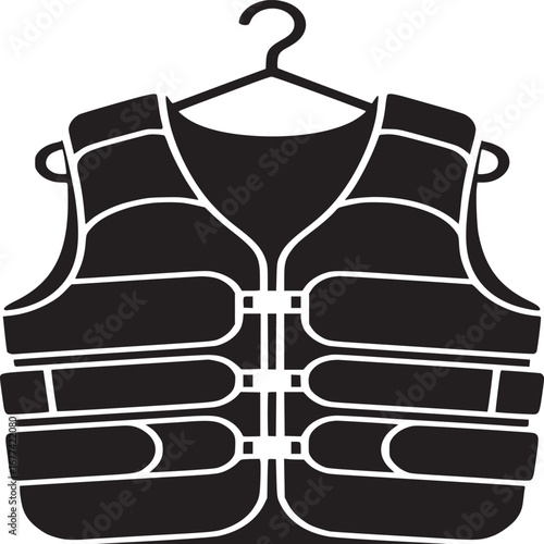 A black life vest is hanging on a black hanger against a white background in a simple design style