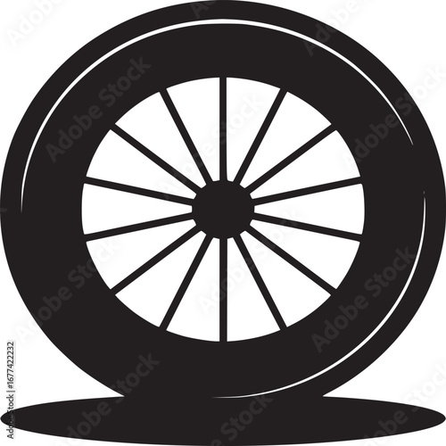 A black and white graphic illustration of a wheel with spokes and a shadow on a white background