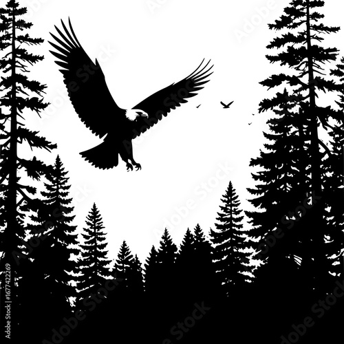 Majestic eagle soars over pine forest vista