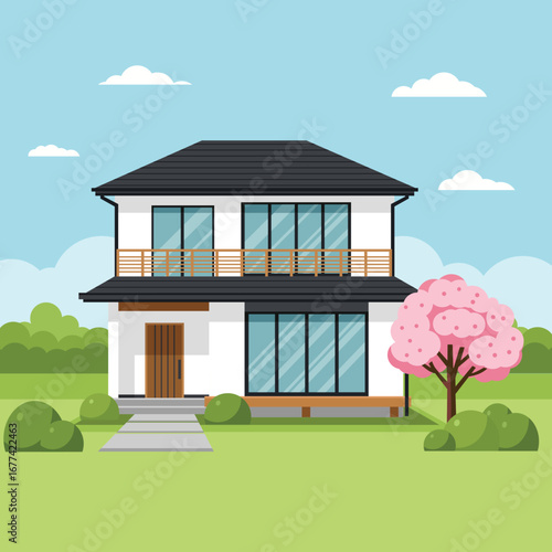 flat vector of modern clean new house residence 2 floor with garden