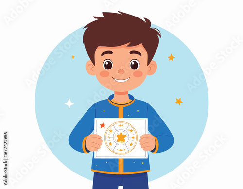 A smiling young boy holds a drawing of a celestial chart, stars surrounding him.