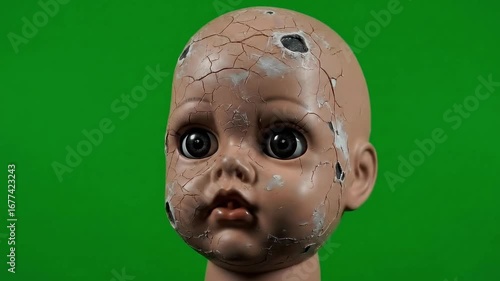 Creepy doll head green screen cracked doll face turning slowly for Chroma Key video for Halloween