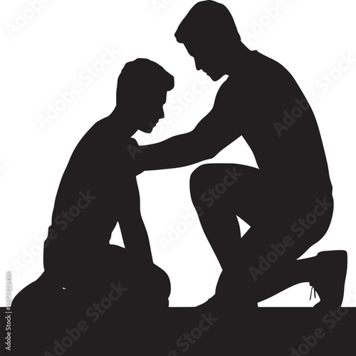 Silhouette of one person comforting another person kneeling in a supportive posture on white background