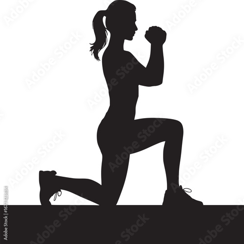 Silhouette of a woman doing a lunge exercise with her hands up in front on a white background