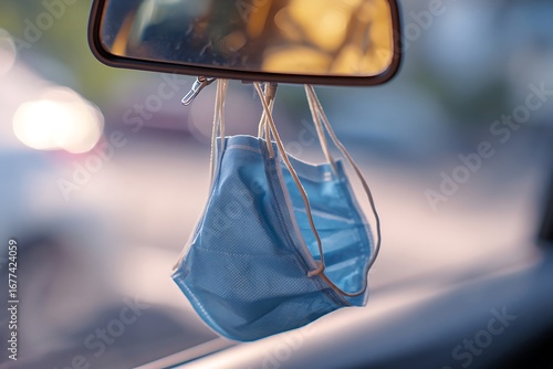 A light-blue disposable face mask hangs from a car's rearview mirror, its strings catching the soft, ambient light.