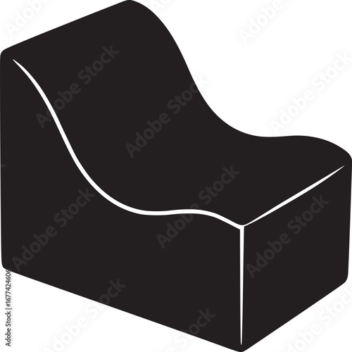 A black and white minimalist illustration of a modern chair with curved seat design on white background
