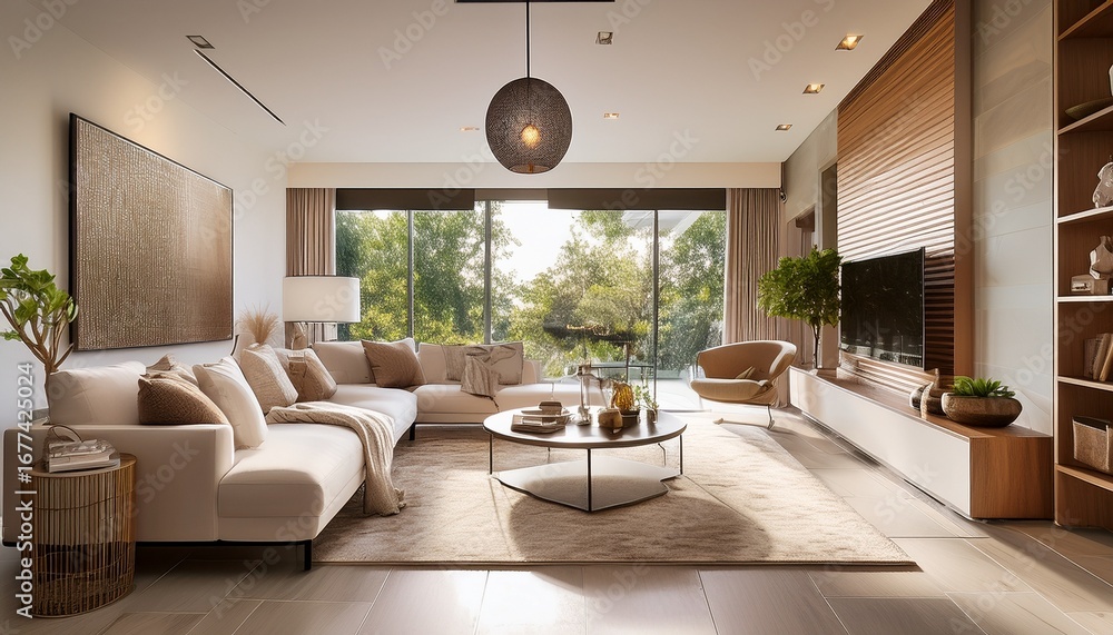 Fototapeta premium elegant living room featuring spacious ceramic tiles and stylish grout for a luxurious touch