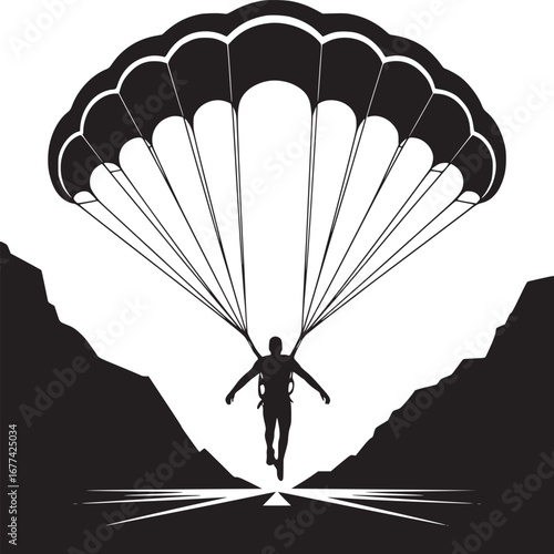 Silhouette of a parachutist descending between mountains in black and white illustration style art