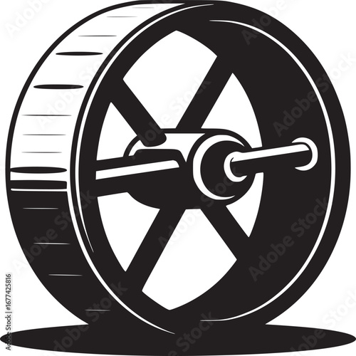 A black and white illustration of a hamster wheel with spokes and a central rotating mechanism