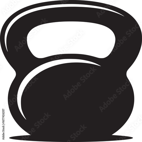 A simple black silhouette of a kettlebell against a plain white background in a minimalist style