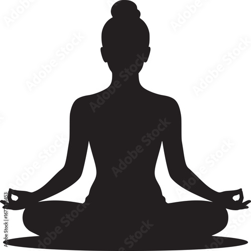 Silhouette of a woman in lotus position meditating against a white background with her hair in a bun