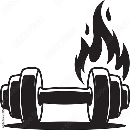 Illustration of a black dumbbell with flames rising from the side on a white background artwork