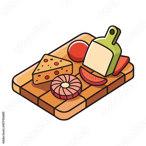 Elegant wooden charcuterie board vector illustration with assorted cheese, cured meats, gourmet snacks, perfect food design for restaurants and branding